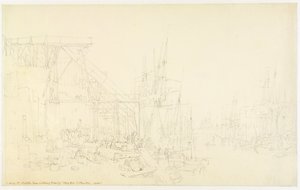 "The Hurries", hiiliveneiden lastaus, North Shields, n. 1795 (grafiitti paperilla) tekijältä Joseph Mallord William Turner