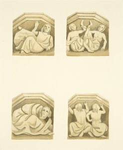 Neljä ristikkoa pohjoisen kuistilla (alunperin tukipatsaat) St Mary Redcliffe (akvarelli paperille) tekijältä Joseph Manning