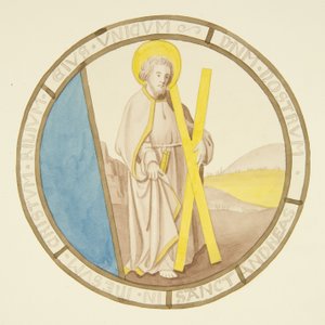 Lasimaalaus piispanpalatsin yksityisen kappelin ikkunassa: St Andrew (akvarelli paperille) tekijältä Joseph Manning