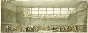 The Tennis Court Oath, n. 1789 (musta liitu, kynä ja ruskea muste harmaalla pesulla) tekijältä Joseph Marie Flouest