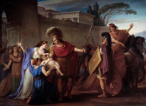 Hector ja Andromaque jäähyväiset. Lähtiessään Troijan sotaan Hector jättää vaimonsa ja poikansa Astyanaxin. Joseph Marie Vienin (1716-1809) maalaus 1786 su. 3,29 x 4,25 m