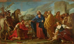 Kristuksen jalkojen juuressa polvistuva sadanpäämies eli Jeesus parantaa upseerin pojan, 1752