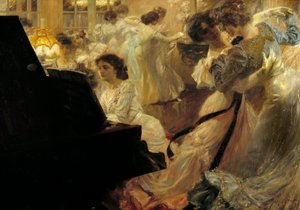Belle epoque: "White Ball" Nuorten naisten ilta valkoisiin pukeutumiseen tanssien ja pianonsoittoon Joseph Marius Avy (1871-1939) 1903