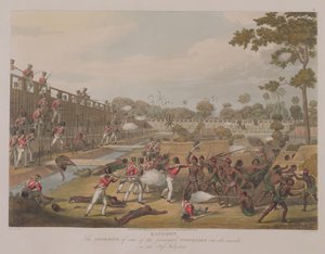 Rangoon: The Storming yksi tärkeimmistä Stockadesista 8. heinäkuuta 1824, levy 15 "Rangoon Viewsista", kaiverrus George Hunt, 1825 (akvatinta)