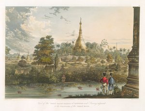 Näkymä Suuren Dagonin pagodista Rangoonissa lännestä, kaiverrus Henry Pyall (1795-1833) 1825-26