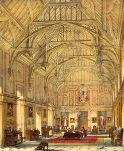 The Grand Hall, Biddington, Surrey, 1600, keskiajan arkkitehtuurista, 1838 tekijältä Joseph Nash