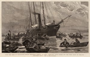 Edinburghin herttuan avustuslentueen kanssa, HMS Goshawkin saapuminen myymälöineen Irlannin länsirannikolla Achill- ja Claresaarten välissä tekijältä Joseph Nash
