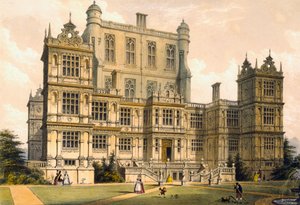 Wollaton Hall, Nottinghamshire, 1600, kuvitus teoksesta "Architecture of the Middle Ages", 1838. tekijältä Joseph Nash