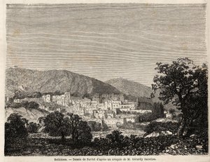 Näkymä Betlehemistä, piirros Joseph Navlet (1821-1889) havainnollistamaan herra Bidan matkaa Palestiinaan vuonna 1856. Kaiverrus "" Le tour du monde, nouveau journal des voyages"" Paris