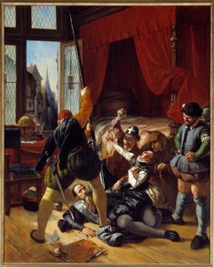 Uskonsota: "" Scene de la Saint Barthelemy, Brioun, Contin prinssin kuvernöörin salamurha, 24.08.1572"" Joseph Nicolas Robert Fleuryn (1797-1890) maalaus 1833 Su. 1,64x1,3 m
