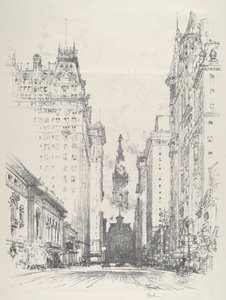 Katse ylös Broad Streetille Spruce Streetiltä, 1912. tekijältä Joseph Pennell