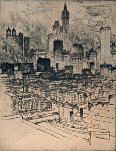 New York Brooklyn Bridgeltä, vuodelta 1908 tekijältä Joseph Pennell