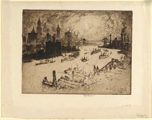 Auringonlasku Williamsburgin sillalta tekijältä Joseph Pennell