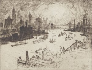 Auringonlasku Williamsburg Bridgeltä, 1915. tekijältä Joseph Pennell