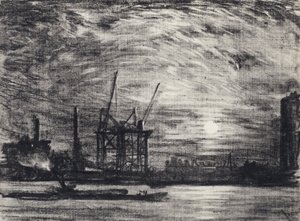 Auringonlasku Waterloon yllä tekijältä Joseph Pennell