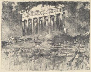 Parthenonin julkisivu, auringonlasku, 1913. tekijältä Joseph Pennell