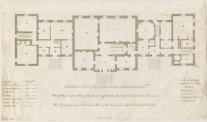 Sandon Hall - Pääkerroksen pohjapiirros: kaiverrus, nd [1769-1771] (painettu) tekijältä Joseph Pickford