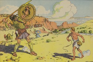 Daavid ja Goljat (värilitografia) tekijältä Joseph Porphyre Pinchon