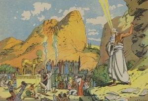 Mooses ja kultainen vasikka (värilitografia) tekijältä Joseph Porphyre Pinchon