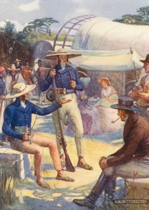 1820 Uudisasukkaat ja heidän buurisaattueensa (värilitografia) tekijältä Joseph Ratcliffe (after) Skelton