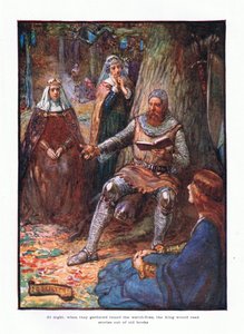 Kun he kokoontuivat yöllä vartiotuliin, kuningas luki tarinoita vanhoista kirjoista., 1910 tekijältä Joseph Ratcliffe Skelton