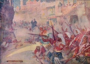 Brittiläisten sotilaiden nähtiin taistelevan tiellään kaduilla, 1908, n. 1920. tekijältä Joseph Ratcliffe Skelton