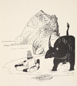 Parsee alkaa syödä kakkuaan asumattomalla saarella, kuvitus Rudyard Kiplingin pubin "Just So Stories for Little Children" -teoksesta. Lontoo, 1951