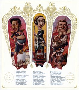 Karikatyyrit: Japanin keisari Meiji; Maurice Barres, ranskalainen kirjailija ja nationalistinen poliitikko; Jean Jaures, ranskalainen poliitikko (väri litho)