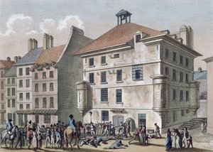 Syyskuun verilöylyt: verilöyly Abbayen vankilassa lähellä St. Germain des Presia, 2.-5. syyskuuta 1792, kaiverrus Reinier Vinkeles (1741-1816) ja Daniel Vrydag (1765-1822) (värillinen kaiverrus) tekijältä Joseph Swebach Desfontaines