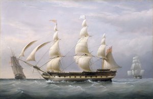 Itä-Intian komppanian Britannia-alus on palannut Barbadokselta kolmesta näkökulmasta kuvattuna. Öljy kankaalle