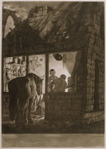Farriers Shop, kaiverrus William Peter (n. 1781-1821), 1771 (mezzotint) tekijältä Joseph Wright of Derby