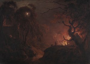 Mökki tulessa yöllä tekijältä Joseph Wright of Derby