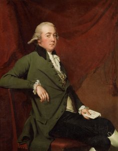Muotokuva Edward Abneysta, istuu kolme neljäsosaa, vihreä takki, pitelee kirjettä punaista verhoa vasten, 1780-luvun loppu tekijältä Joseph Wright of Derby