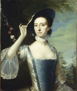 Naisen muotokuva kukkaseppeleen vieressä maisemassa tekijältä Joseph Wright of Derby