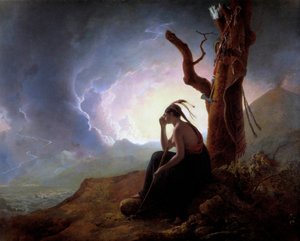 Intiaanipäällikön leski valvomassa miehensä aseita Joseph Wrightin maalaus Derbystä (1734-1797) 1785 Derby, Derbyn museo tekijältä Joseph Wright of Derby