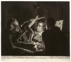 Kolme henkilöä katselemassa Gladiaattoria kynttilänvalossa, kaiverrus William Pether, 1769 tekijältä Joseph Wright of Derby