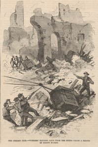 Työmiehet vetävät kassakaapit raunioista, kuvitus Frank Lesliesin kuvitetusta sanomalehdestä, 1871 tekijältä Joseph after Becker
