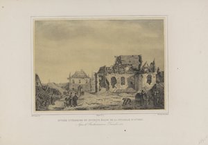 Poort en kerk in de Citadel van Antwerpen, 1832 Antwerpenin linnoituksen sisäsisäänkäynti ja vanha kirkko. Joulukuun 1832 pommituksen jälkeen (otsikko esineessä) Albumi seitsemästä näkymästä Antwerpenin linnoituksen sisätilojen raunioista (sarjan nimi) tekijältä Joseph van den Nest
