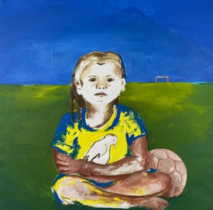 Mädchen mit Taube (Tyttö kyyhkyn kanssa), 2022 (akryylimaali kankaalle) tekijältä Josephine Henning