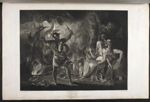Macbeth.
Neljäs näytös. Kohtaus I.
Pimeä luola. Keskellä kiehuva kattila. Kolme noitaa. Macbeth. Hekate.
Macbeth kohtaa noidat ja ilmestykset; hänen jalkojensa juurella, käärmeen sisällä, seisovat pieni verinen lapsi ja lapsi, jolla on kruunu ja joka pi