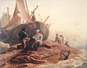 Kalastajat korjaamassa verkkojaan