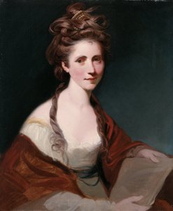 Muotokuva Angelica Kauffmannista, puolipitkä valkoinen, yllään punainen huivi tekijältä Joshua Reynolds