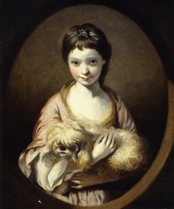 Muotokuva neiti Emilia Vansittartista, puolipitkä, yllään vaaleanpunainen ja valkoinen mekko koiraa kädessään, n. 1767-68 tekijältä Joshua Reynolds