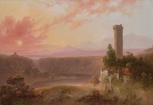 Näkymä Nemi-järvelle auringonlaskun aikaan