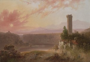 Näkymä Nemi-järvelle auringonlaskun aikaan, n. 1840-50