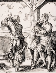 The Butcher and his Assistant, jäljennös Jost Ammanin (1539-91) 1500-luvun kaiverruksesta Paul Lacroixin (1806-84) teoksesta "Le Moyen Age et La Renaissance", julkaistu 1847 (litho) tekijältä Jost (after) Amman