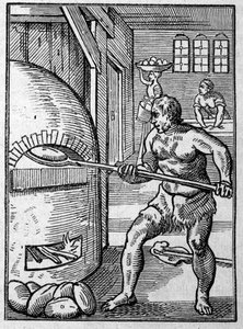 Leipuri leipomassa leipää uunissa. Kaiverrus Jost Amman (1539-1591) 1500-luku. tekijältä Jost Amman