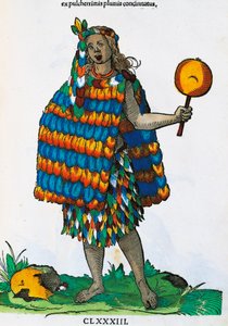 Amerikkalainen intiaani, Hans Weigel Elderin (toiminut 1549-1577) kaiverrus Jost Ammanin (1539-1591) maalauksesta, Habitus principiorum populorum -kokoelmasta sekä miehiä että naisia, jotka on kuvattu yksittäistaiteella, Nürnberg tekijältä Jost Amman