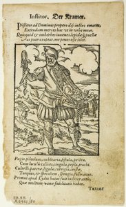 Der Kramer (Peddler) Hartmann Schopperin teoksesta De omnibus illiberalibus sive mechanicis artibus, levy 50 XVI vuosisadan kirjojen puupiirroksista tekijältä Jost Amman