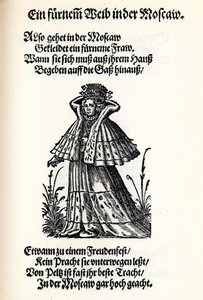 Moskovan jalo nainen. Frauentrachtenbuch Frankfurtista, 1586, 1586 tekijältä Jost Amman